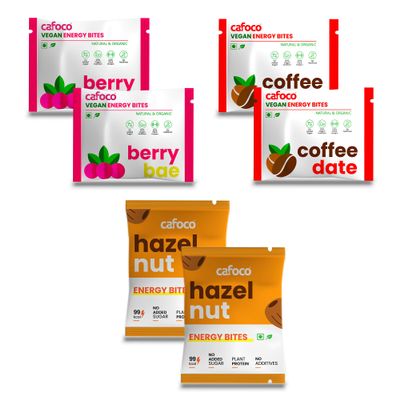 CAFOCO Hazel, Coffe & Berry Energy Bars with No Added Sugar, High Plant Protein, Fibre Nutrition, No Preservatives, Healthy Sugar-Free Protein Snack Bites for Quick Breakfast-Pack of 6x30g Each