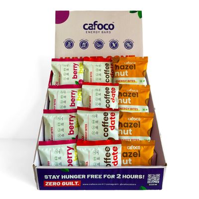 CAFOCO Hazel, Coffe & Berry Energy Bars with No Added Sugar, High Plant Protein, Fibre Nutrition, No Preservatives, Healthy Sugar-Free Protein Snack Bites for Quick Breakfast-Pack of 12x30g Each