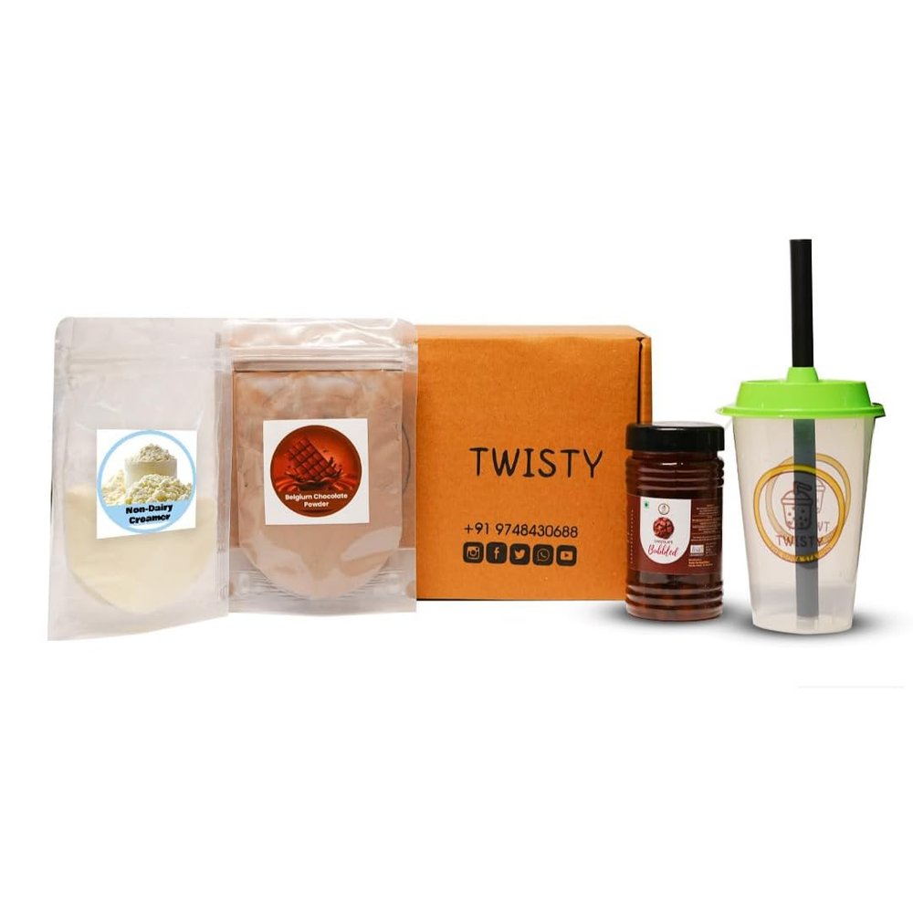 Twisty The Boba Station - Bubble Tea Kit - 3 Servings | Chocolate Popping Pearls(250g) | Belgium Chocolate Powder, Non-Dairy Creamer, Sipper Cup, 12mm Straws | Fun, Quick to Prepare, Delicious Bubble Tea Set for Friends & Family