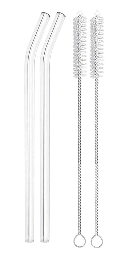 CROCKERY HUB Reuseble Glass Straw with Straw Cleaner Brush Transparent Clear Reusable Straw Glass, Elegant Alternate to Stainless Steel Straws for Drinking Juice, Smoothie (2 Straw & 2 Cleaning Brush)