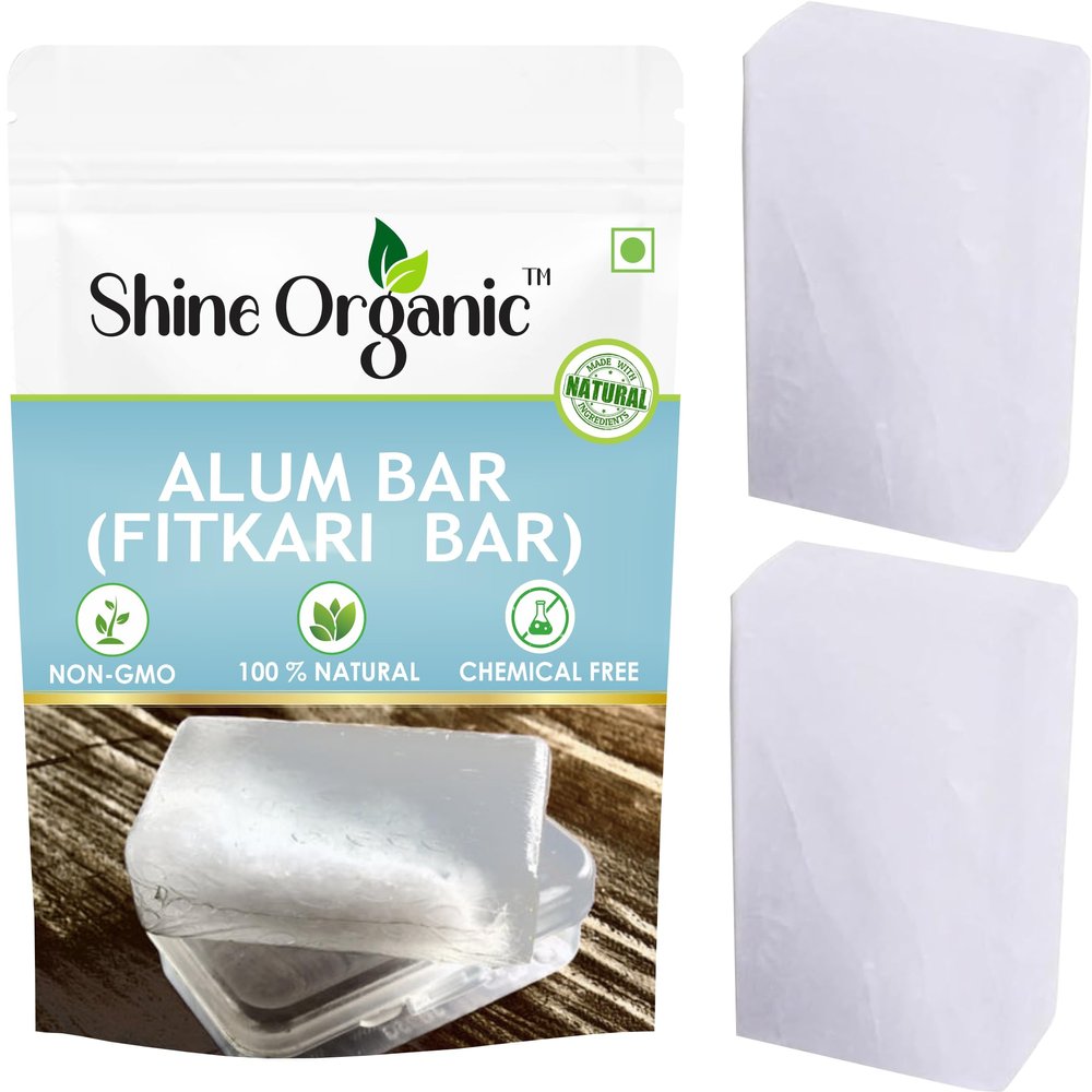Shine Organic Alum Stone Bar 100% Pure, Natural Fitkari Stone for Skin Tightening & Water Purification | Crystal White Alum Bar for Underarms & Shaving | Gentle & Effective (2 pcs (200 gm))