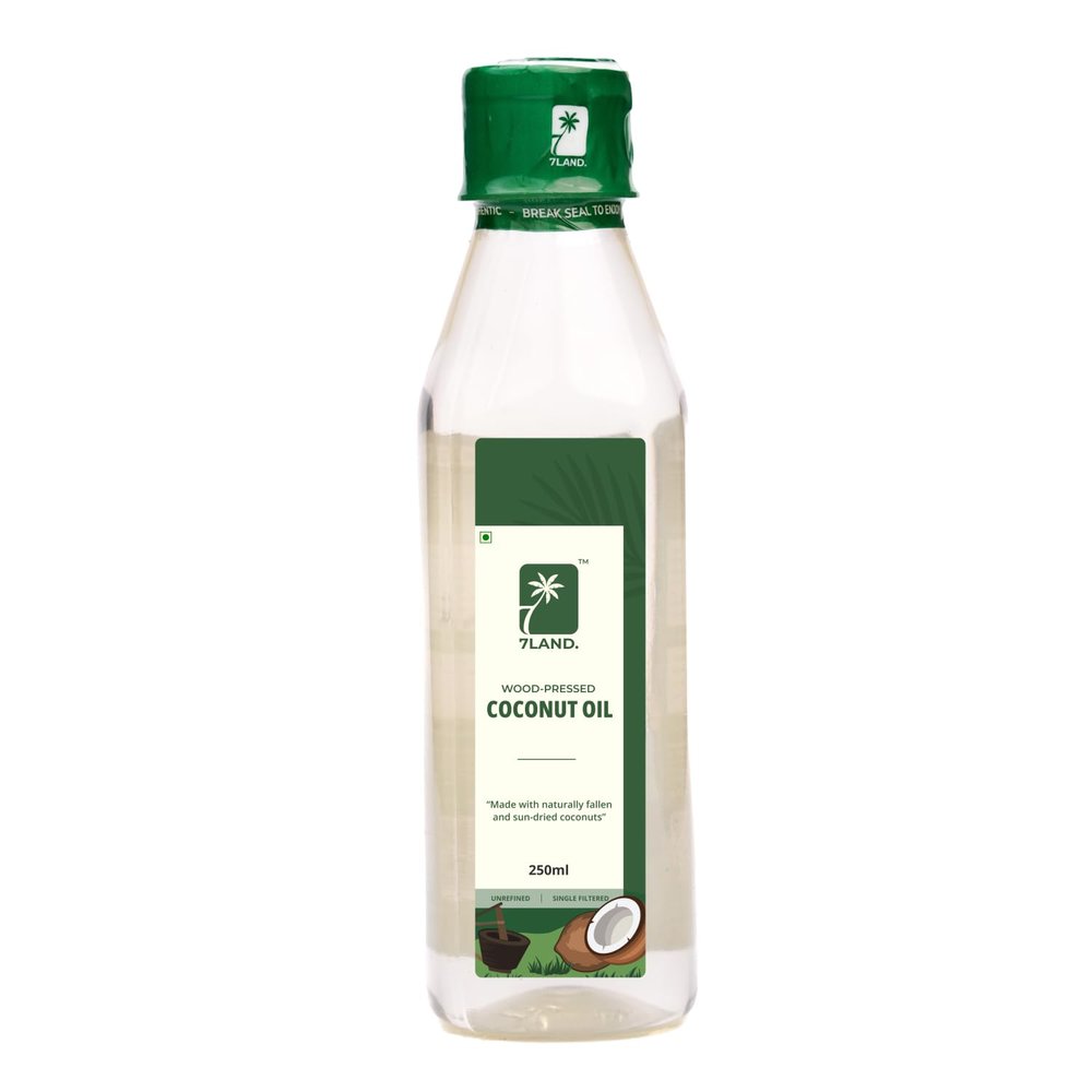 7LAND Cold Pressed Coconut Oil (Mara Chekku/Ghani), Unrefined and Single Filtered | Farm Made, Naturally Fallen Coconuts (250ml)