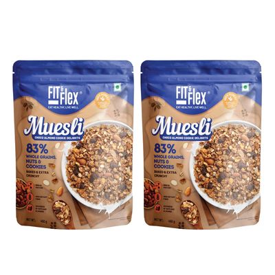 Fit & Flex Baked And Healthy Rich Choco Almond Cookie Delights Muesli, Oat Rich Cereal With High Protein, Ready To Eat Breakfast Cereal - As Seen on Shark Tank India - 450 gm (Pack of 2)