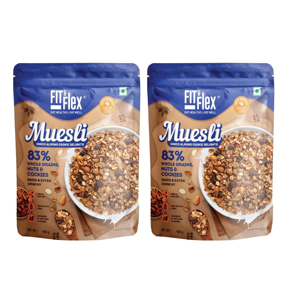 Fit & Flex Baked And Healthy Rich Choco Almond Cookie Delights Muesli, Oat Rich Cereal With High Protein, Ready To Eat Breakfast Cereal - As Seen on Shark Tank India - 450 gm (Pack of 2)