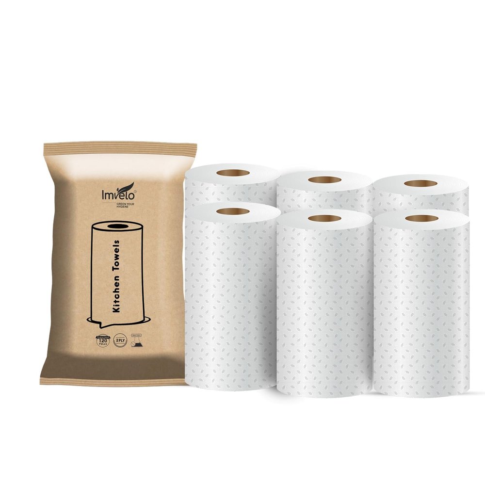Imvelo 2 Ply Kitchen Towel | 6 Kitchen Rolls, 120 Pulls per Roll | OBA Free & Safe to Skin | Highly Absorbent | Food - Safe Kitchen Tissue Roll | White Tissue Papers for Kitchen use