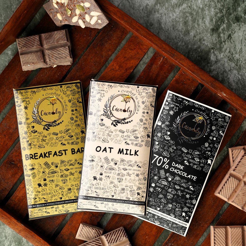Cacaoly Artisanal Chocolate Bar Gift Set, Breakfast Bar, Oat Milk, 70% Dark Chocolate, Single Origin Indian, 3 Pack