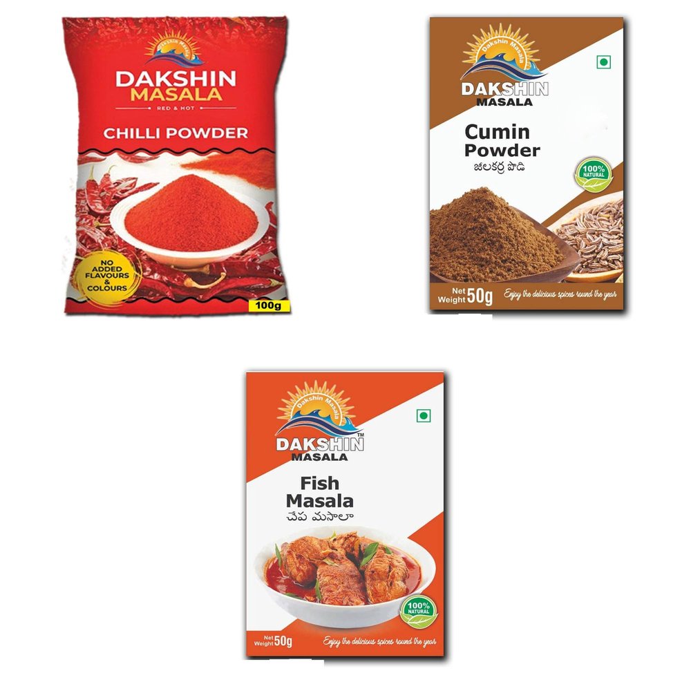 Dakshin Masala CHILLI POWDER 100g,JEERA POWDER 50g Box,FISH MASALA 50g Box (Pack Of 3)