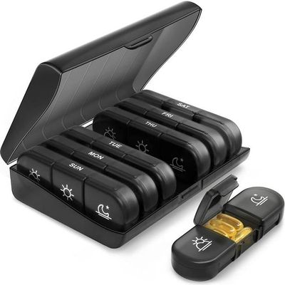 Aspeona (1Pcs) Portable Travel Pill Box 7 Day with Large Pill Containers, Light-Proof Pill Case, 21 Compartment Black Pill Box 7 Days a Week 3 Times Portable Pill Box Organizer.