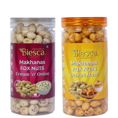 Biesca Makhana Premium Organic Fox Nuts for Healthy Snacking & Wellness (Pack Of 2, ACHARI MASALA & CREAM &ONION)