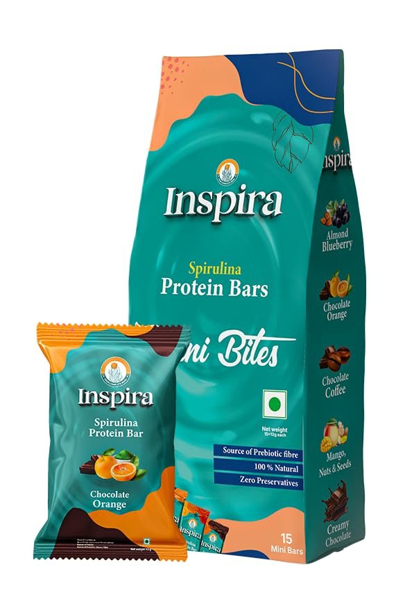 Inspira Mini Bites Chocolate Orange Spirulina Powered Nutritional Bars | Pack of 15 x 12g | 1.52g Protein | 0.92g Dietary Fibre | No Artificial Sweeteners, Preservatives or Refined Sugar