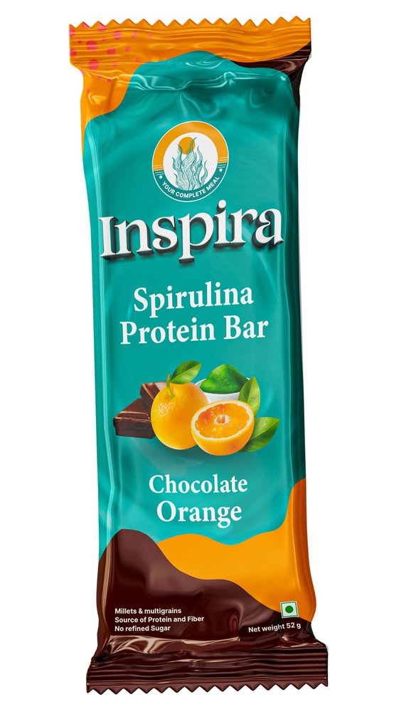 Inspira Chocolate Orange Spirulina Powered Nutritional Bars | Pack of 6 x 52g | 9.81 g Protein | 4.2 g Dietary Fibre | No Artificial Sweeteners Preservatives or Refined Sugar | All Natural Ingredients