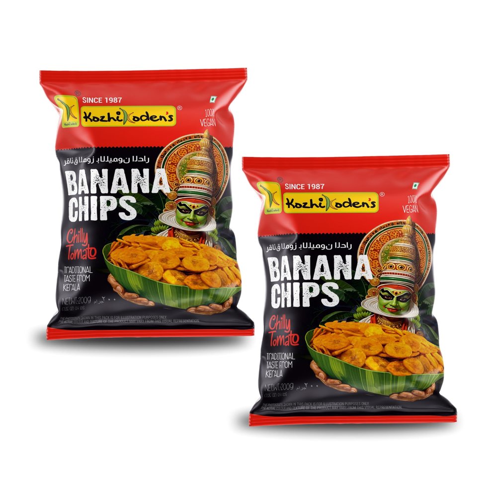 KOZHIKODEN'S Chilli Tomato Banana Chips | 400g (200g x 2 Packs) | Bold & Crispy Snack with Spicy Chili & Savory Tomato Flavor | Perfect for Sharing | Vegan & Gluten-Free Snack