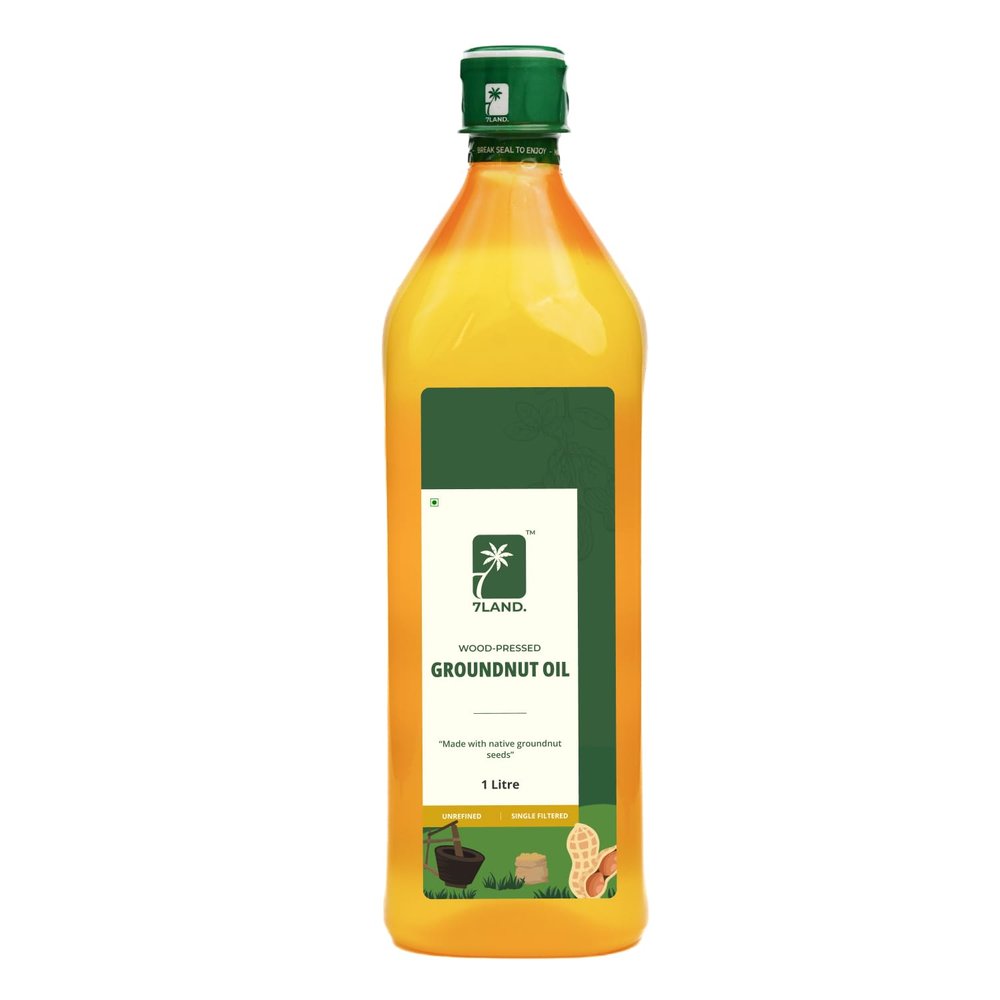 7LAND Cold Pressed Groundnut Oil (Mara Chekku/Ghani/Wood Pressed), Healthy Cooking, Farm Made | 1 Litre