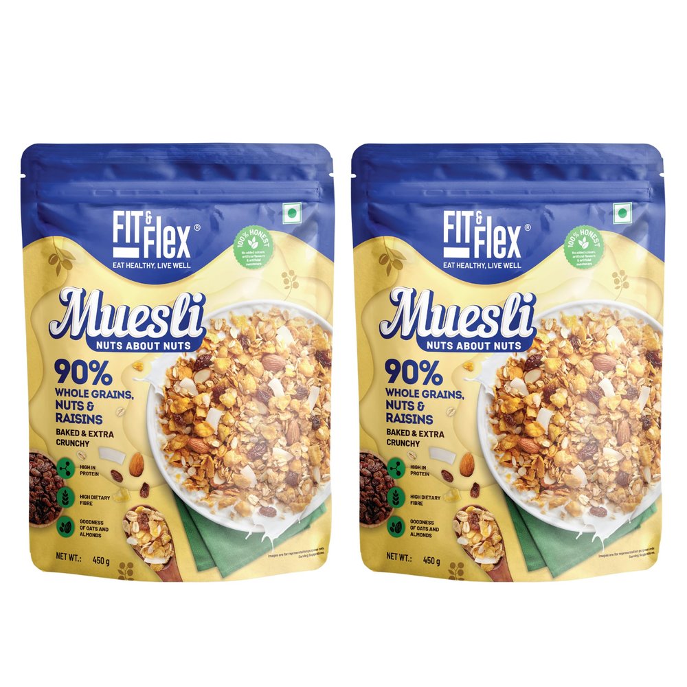 Fit & Flex Muesli Breakfast Baked and Crunchy Low Added Sugar Zero Cholesterol and Fibre Rich High In Protein Snacks Ready to Eat Healthy Oat Rich Cereal, Nuts About Nuts - 450gm (Pack of 2)