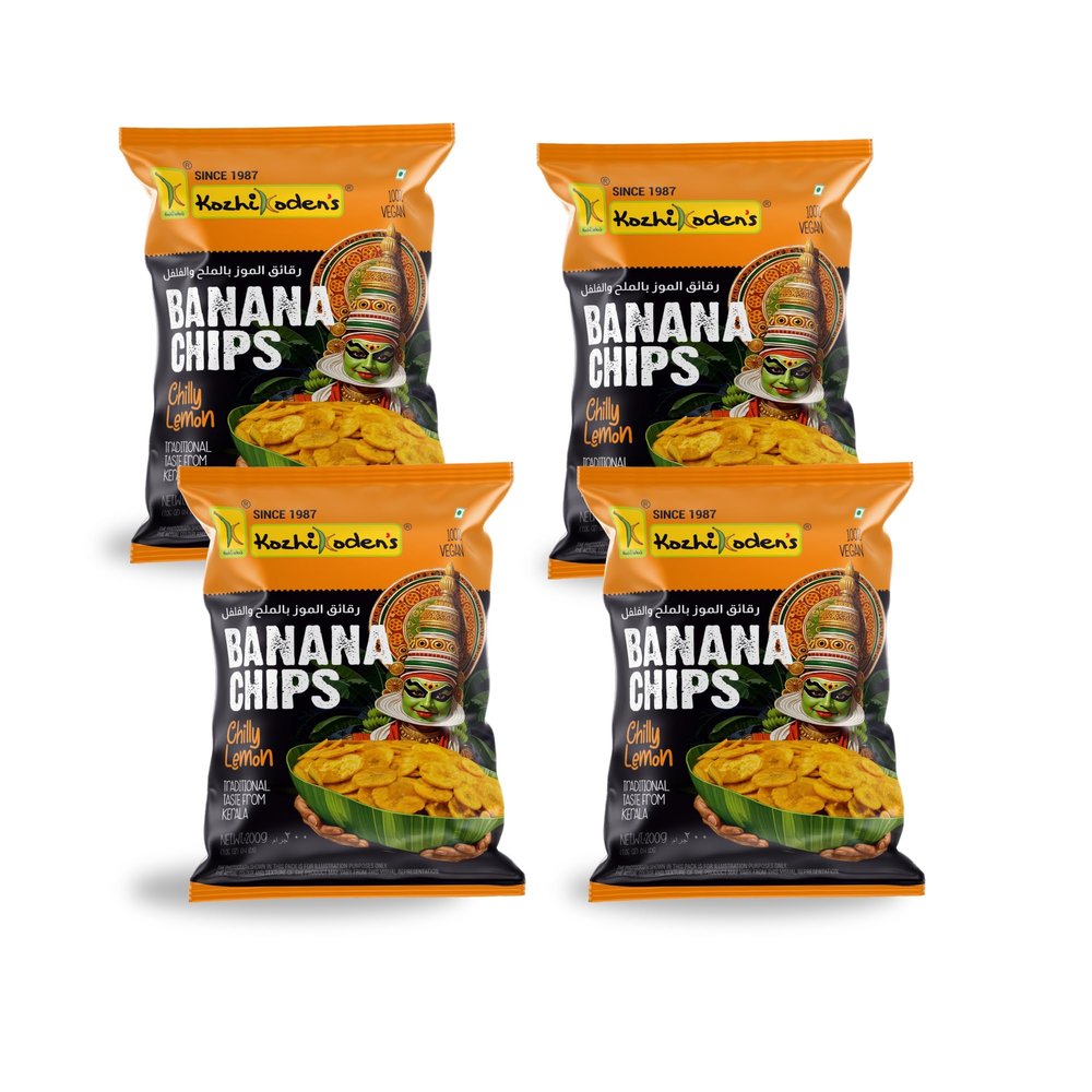KOZHIKODEN'S Chilli Lemon Banana Chips | 800g (4 x 200g) | Peri Peri Flavor | Tangy Lemon, Mild Chilli & Banana Flavor Explosion | Crunchy & Unique Snacking Experience | Healthy & Fresh Kerala Snack