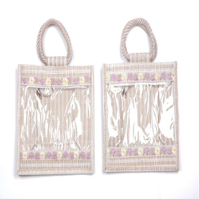 Sainik's Jute Bags Transparent Clear Window Stripped Jute Bags for Wedding Return Gifts Baket Room Hamper Tote Bag with Zipper, Goody Bag for Return Gift (25CMX29CMX15CM) Jute Pack of 12