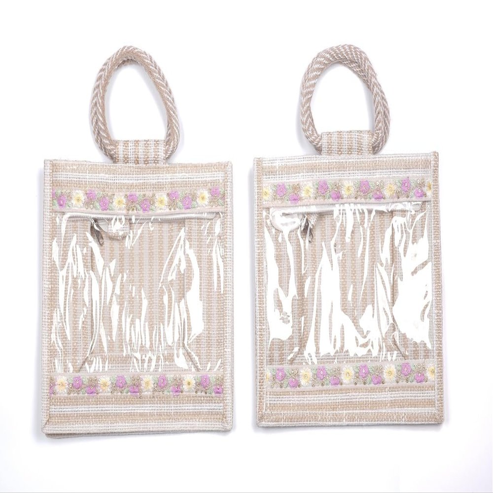 Sainik's Jute Bags Transparent Clear Window Stripped Jute Bags for Wedding Return Gifts Baket Room Hamper Tote Bag with Zipper, Goody Bag for Return Gift (25CMX29CMX15CM) Jute Pack of 12