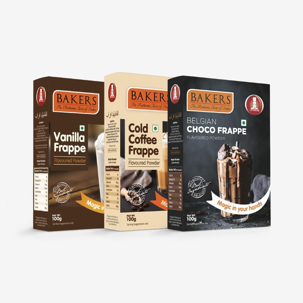 BAKERS Cold Coffee Frappe Powder,Vanilla Frappe and Belgian Choco Frappe Powder | 100% Veg | Refreshing & Creamy | for Frappe, Shakes & Cold Coffee | Pack of 3 (Each 100gm)