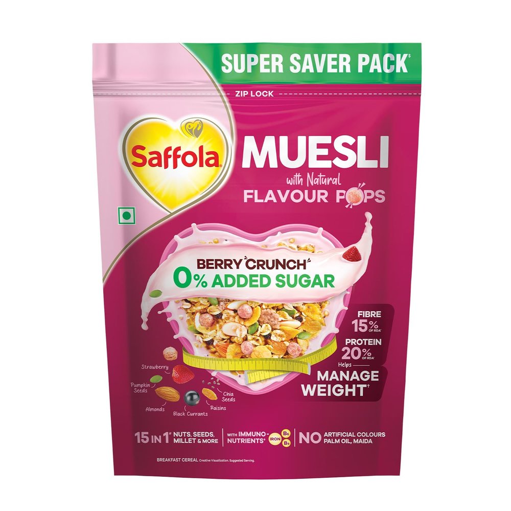 Saffola Muesli 0% Added Sugar Berry Crunch 700 gm | High Protein & High Fibre to help Manage Weight | Muesli with Flavour Pops