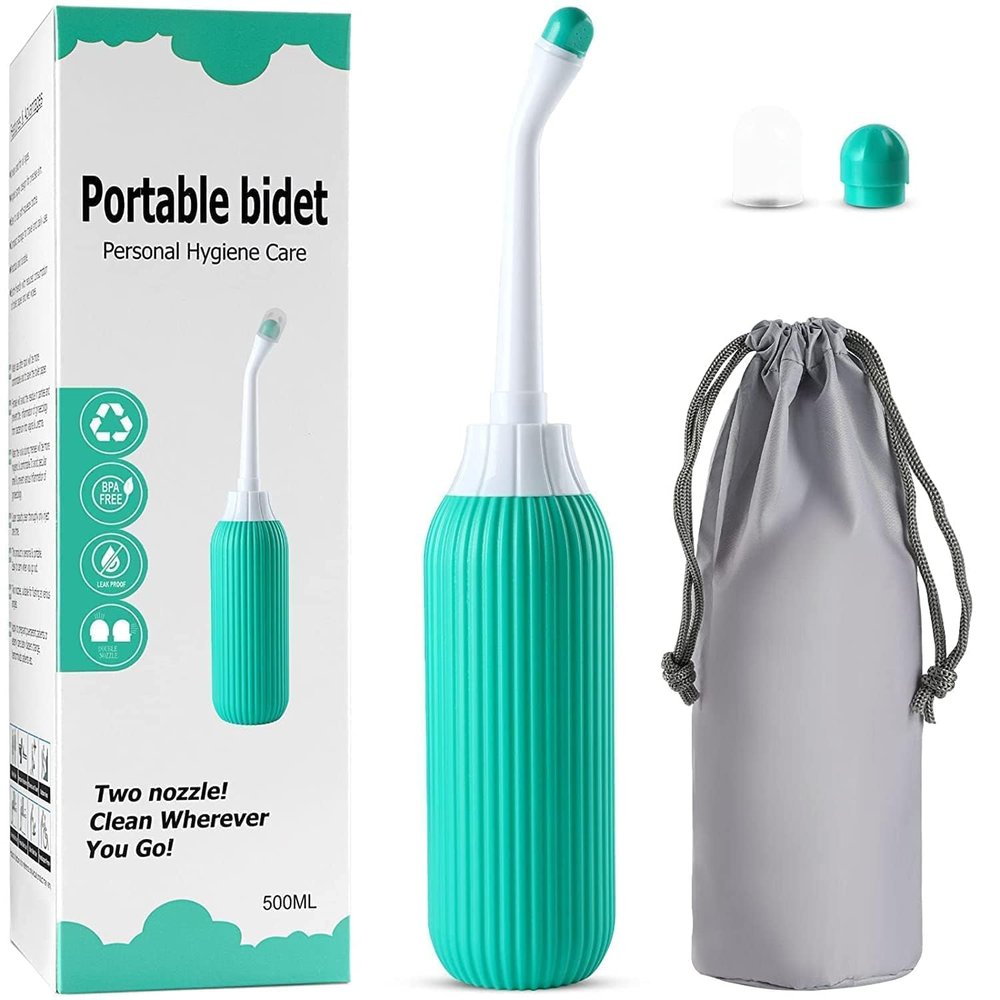 RENESMEE Plastic Retractable Handheld Bidet Portable, Anti-Slip Design with Angled Nozzle Spray, Easy-to-Use with Travel Bag (500ml, Green)