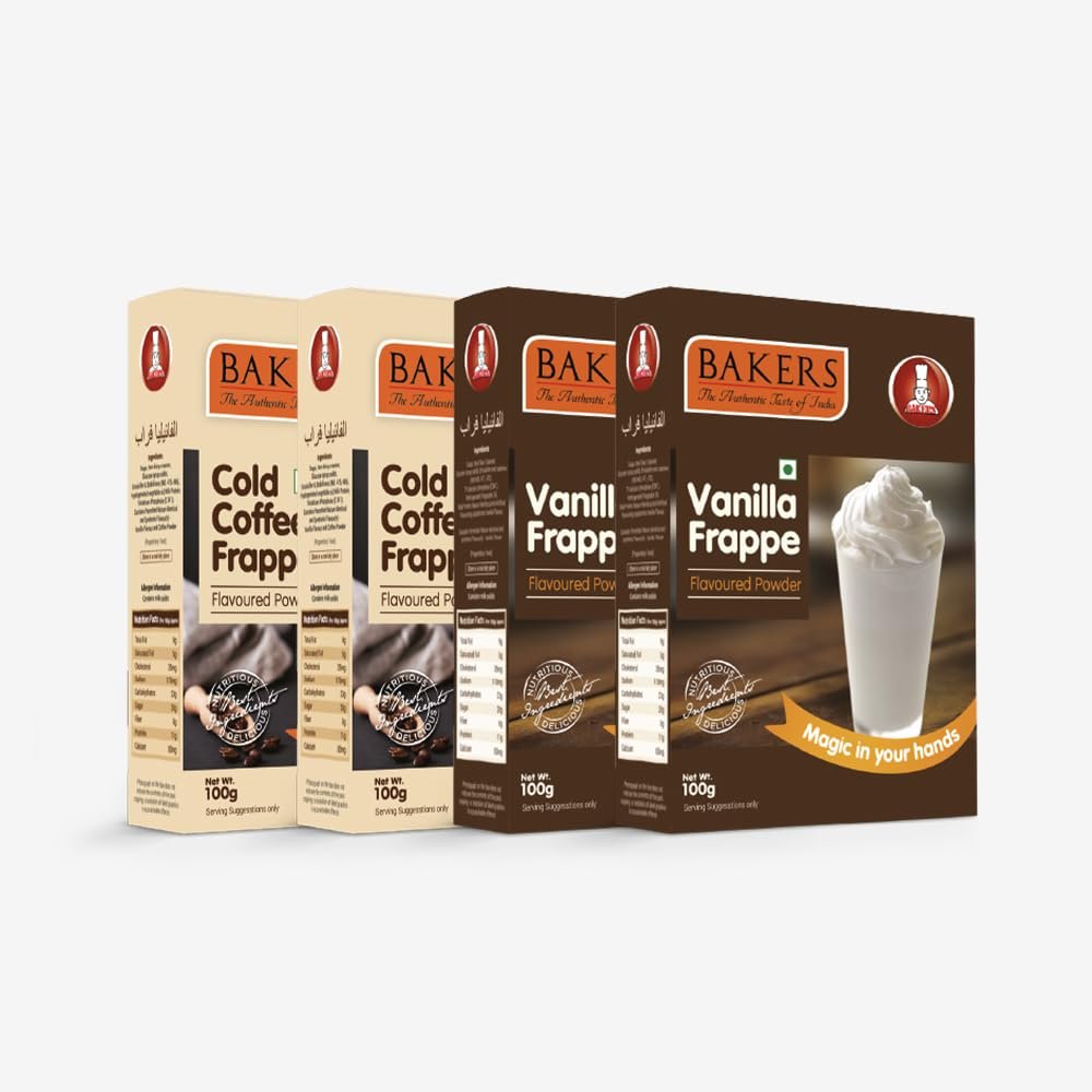 BAKERS Cold Coffee Frappe Powder PK of 2 (Each 100gm) & Vanilla Frappe Powder PK of 2 (Each 100gm) | 100% Veg | Refreshing & Creamy | for Frappe, Shakes & Cold Coffee |