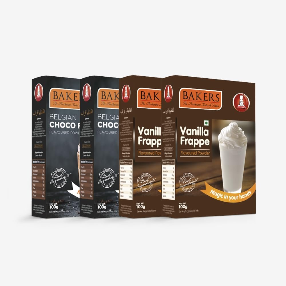 BAKERS Vanilla Frappe Powder PK of 2 (Each 100gm) & Belgian Choco Frappe Powder PK of 2 (Each 100gm) | 100% Veg | Refreshing & Creamy | for Frappe, Shakes & Cold Coffee |