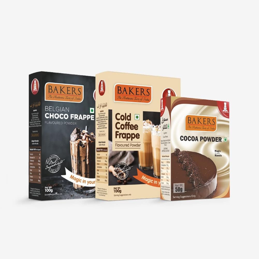 BAKERS Cold Coffee Frappe Powder 100gm, Belgian Choco Frappe Powder 100gm & Cocoa Powder 50gm | 100% Veg | Refreshing & Creamy | for Frappe, Shakes & Cold Coffee |