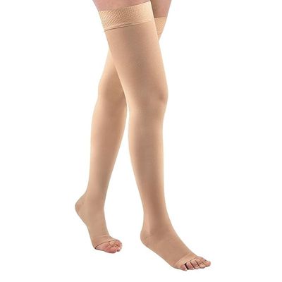 FOLETO Thigh High Compression Stockings for Women & Men  20-32 mmHg Graduated Support, Open Toe, Silicone Dot Band for Comfortable Fit  Enhance Circulation, Ideal for Nurses, Travel, Flying, & Daily Use (Beige, L)
