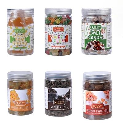 J J Crunch N Munch Desi Tangy Digestive & Candy Combo | Honey Amla, Alphonso Aam Papad, Sweet Fruit Jelly, Namkeen Amla Supari, Masala Amla Candy, Imli Toffee | Snacks for Digestion, Immunity & Wellness (Pack of 6)