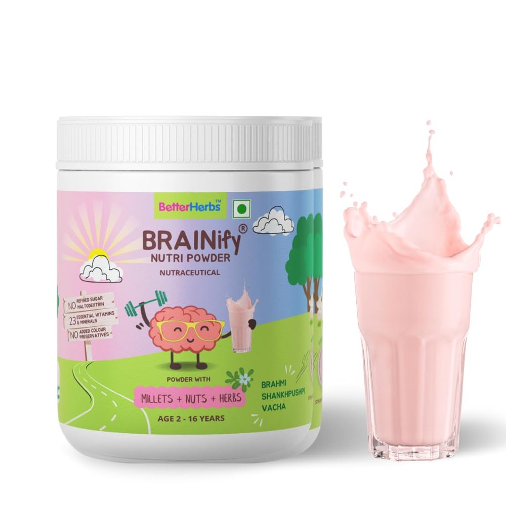 Better Herbs Brainify Strawberry Nutrition Drink Powder - 700g | Milk Mix for Kids | 2-16 Years | No Refined Sugar | 7 Herbs + Millets + Nuts | 23 Essential Vitamins & Minerals | Healthy Development