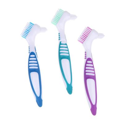 3 PCS Denture Brush Double Sided Toothbrush for Cleaning Multi Layer Bristles and Rubber Anti Slip Handle Used for Denture Cleaning and Care Green Purple Blue