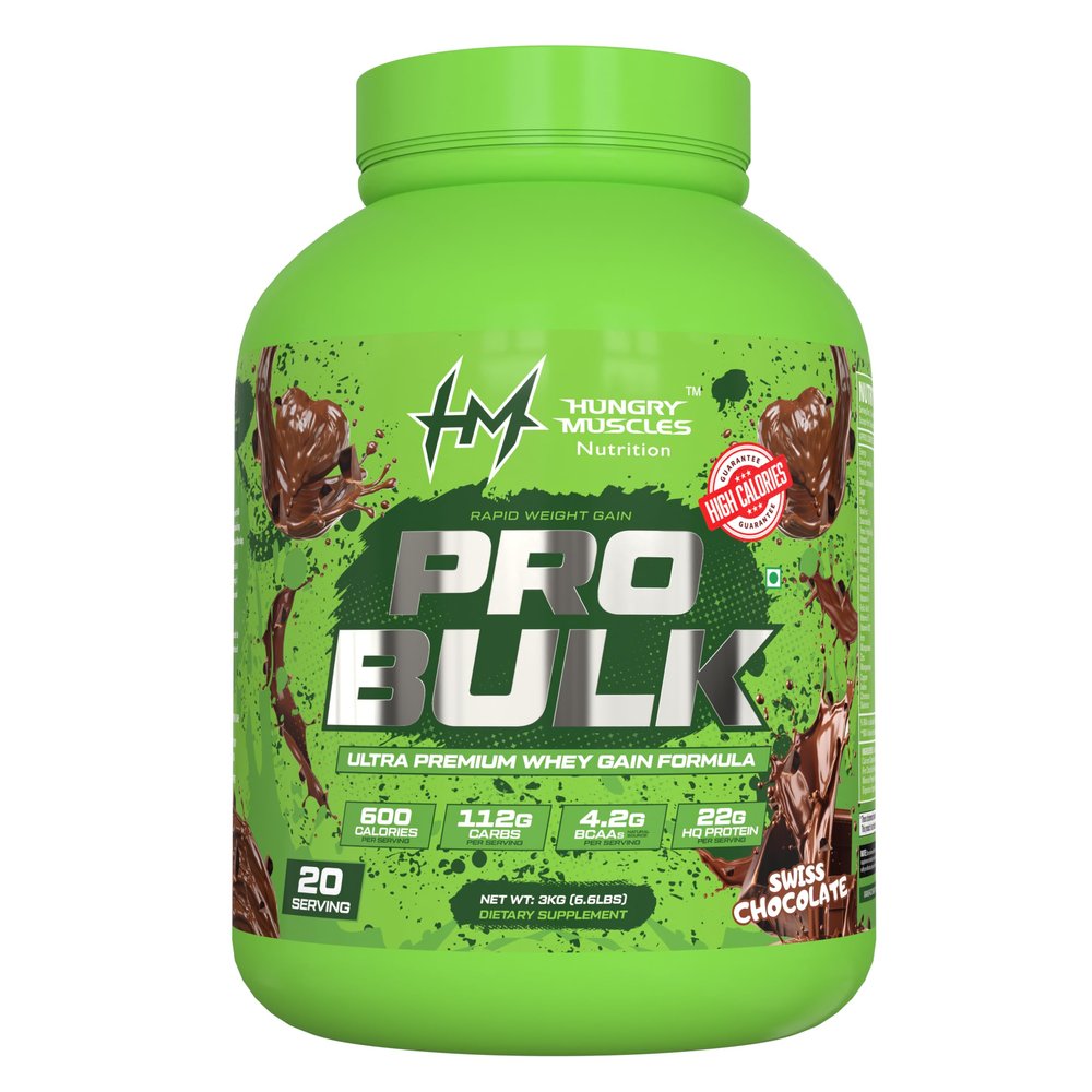 HUNGRY MUSCLES Nutrition Pro Bulk Mass Gainer | 600 Calories per Serving | 22g Protein, 112g Carbs, 4.2g BCAAs | Ultra Premium Whey Gain Formula | Swiss Chocolate Flavour | 3kg | 20 Servings