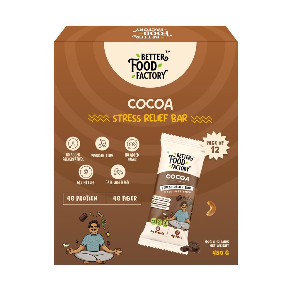 Better Food Factory Cocoa Stress Relief Energy Bar Natural Adaptogen Snack with Ashwagandha & Dark Chocolate Boost Mood, Reduce Stress, Sustain Energy (Pack of 12, Cocoa)