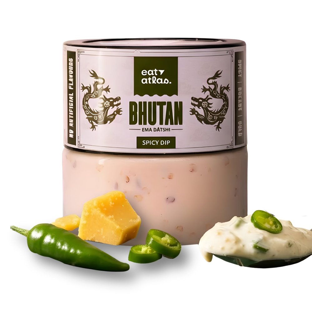 Eat Atlas | Ema Datshi Cheesy Spicy Dip | 200g | Ready-to-Eat Bhutanese Green Chilli Cheese Spread | Creamy Gourmet Cheese Dip with Authentic Himalayan Flavor | Pack of 1
