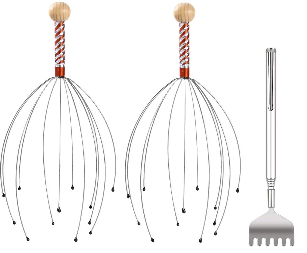 2-in-1 Back Scratcher & Scalp Massager Set Telescopic Stainless Steel Scratch Tool (6.1'' to 19.68'') and Rubber-Tipped Head Relaxation Massager Portable Self-Care Kit for Itch Relief & Stress Relief - Combo 2 Set