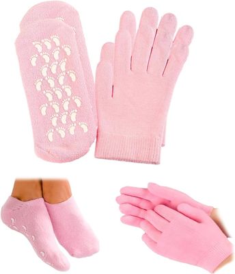 4Pcs of 1 Pair Foot Moisturiser Gel Socks with 1 Pair Gel Gloves, Silicone Pedicure Moisturizing Socks and Women Dry Hands Beauty Effective in Repair Softening Dry and Chapped Hands and Feet Skin Care-Pink Set 2 Pair