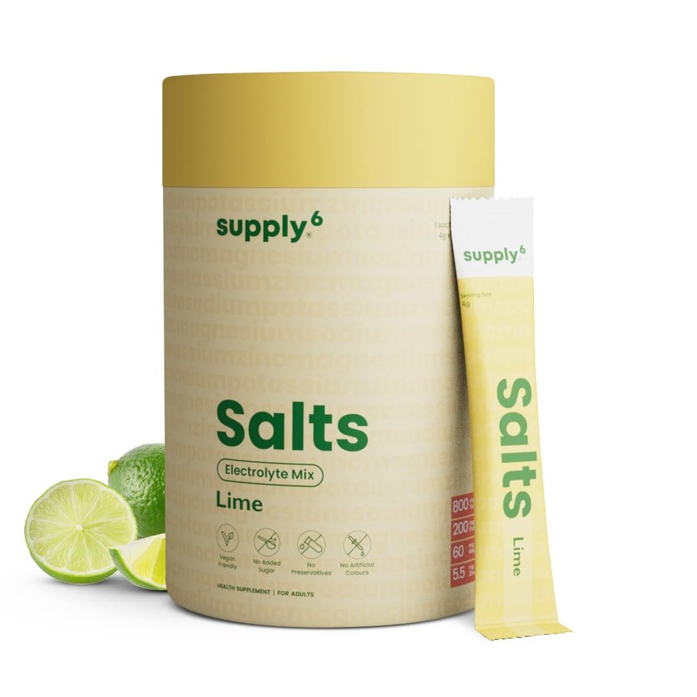 Supply6 Salts | Electrolyte Mix | Zero Added Sugar | Sodium, Potassium, Magnesium, Zinc & Fiber | Keto Friendly, Vegan Friendly, No Preservatives (54 Servings, Lemon Lime)