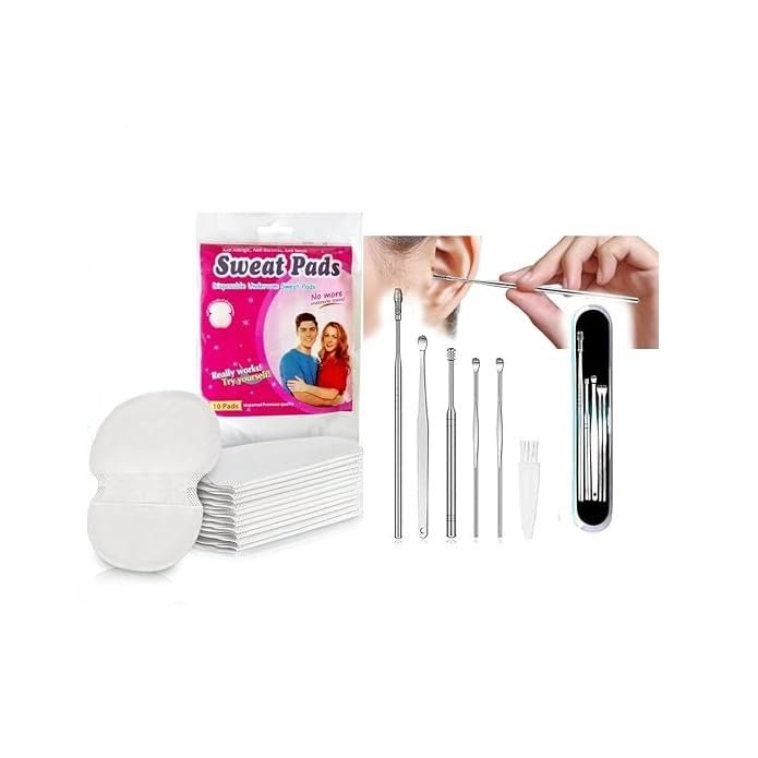10 Sweat Pads for Women Underarm Sweat Pad for Women & Men Arm Pads Comes with 6pcs Stainless Steel Ear Wax Cleaner - Resuable Ear Cleaner Tool Set with Storage Box