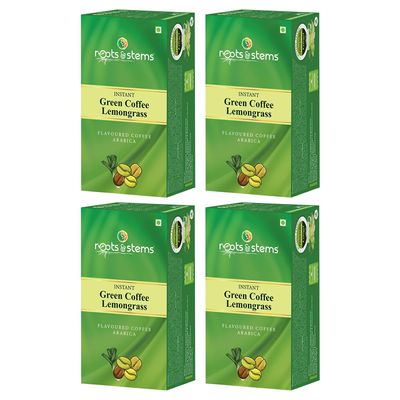 roots & stems Green Coffee Lemongrass | Instant Premix Extract Powder with Probiotic | Arabica, Flavoured Coffee |400g (5gx20 Sachets) Pack of 4