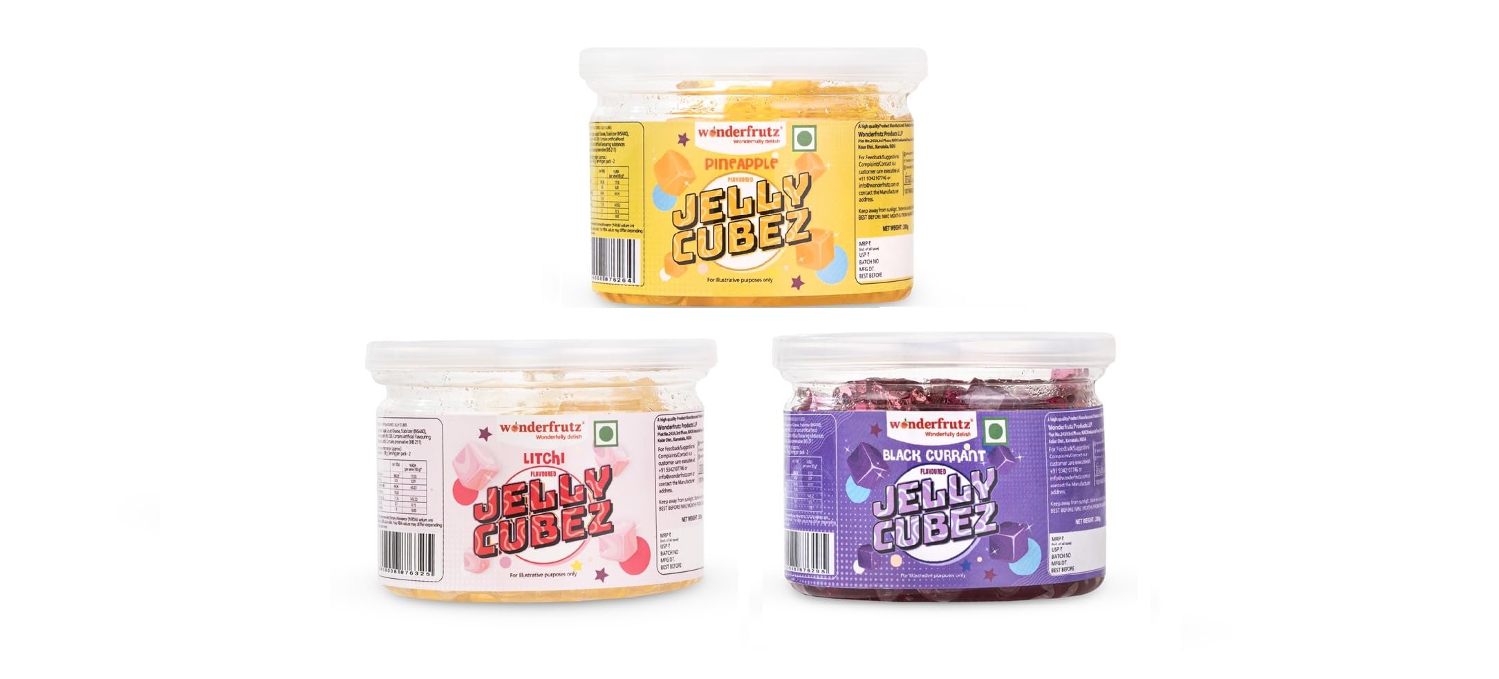 Wonderfrutz Fruit Flavored Jelly Cubes | Ideal for Kids | Perfect Topping for Ice Creams, Milk Shake, Cake, Curd, Fruit Shakes | Top up for Juice & Cocktails, Jelly Toffee | Pack Of 3 (200gm Each) (Pineapple & Litchi & Black Currant)