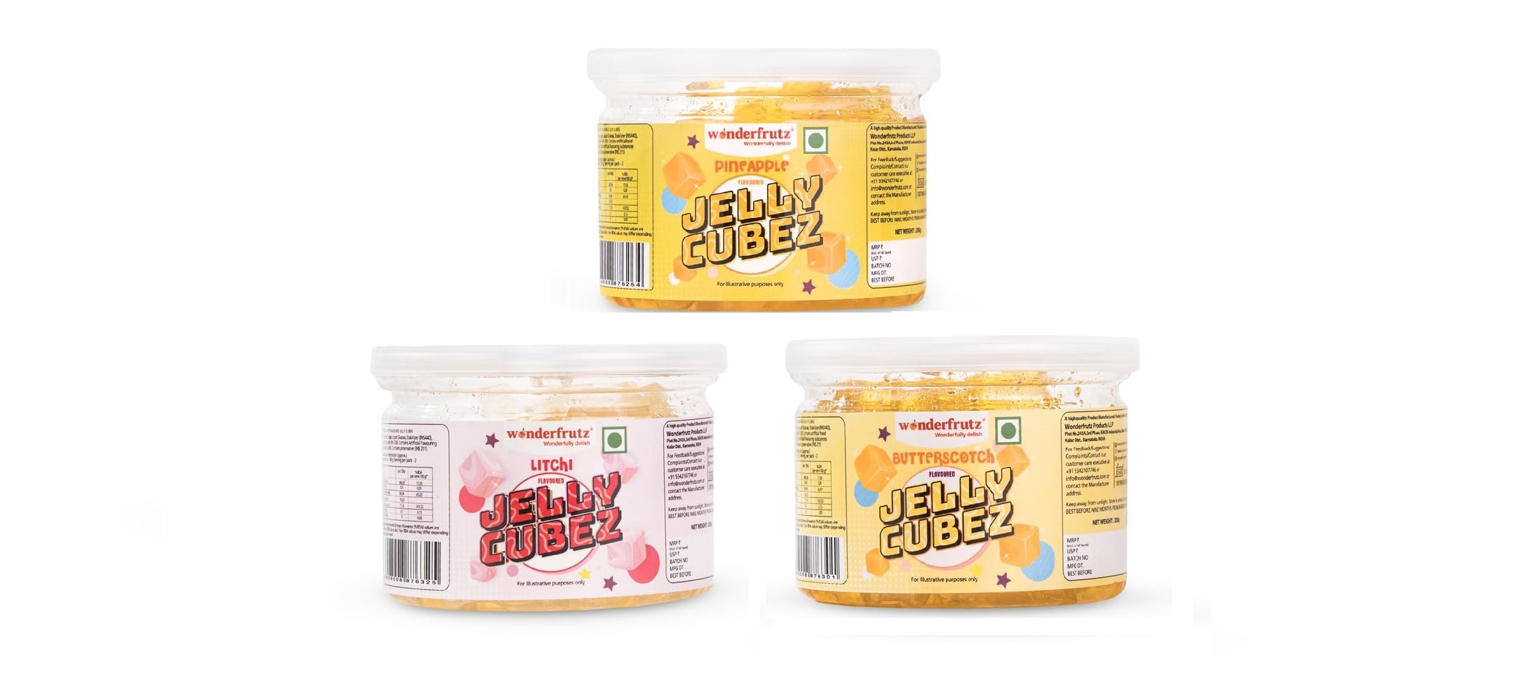 Wonderfrutz Fruit Flavored Jelly Cubes | Ideal for Kids | Perfect Topping for Ice Creams, Milk Shake, Cake, Curd, Fruit Shakes | Top up for Juice & Cocktails, Jelly Toffee | Pack Of 3 (200gm Each) (Pineapple & Litchi & Butterscotch)