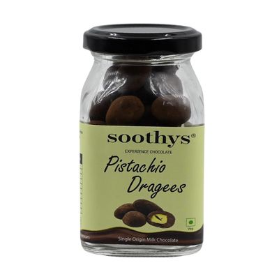 Soothys Pistachio Dragees Craft Chocolate | Gourmet Chocolate Coated Pistachios | No Refined Sugar, Vegetable Fat-Free, Handcrafted | Single-Origin Cocoa Beans (110g, Pack of 1)
