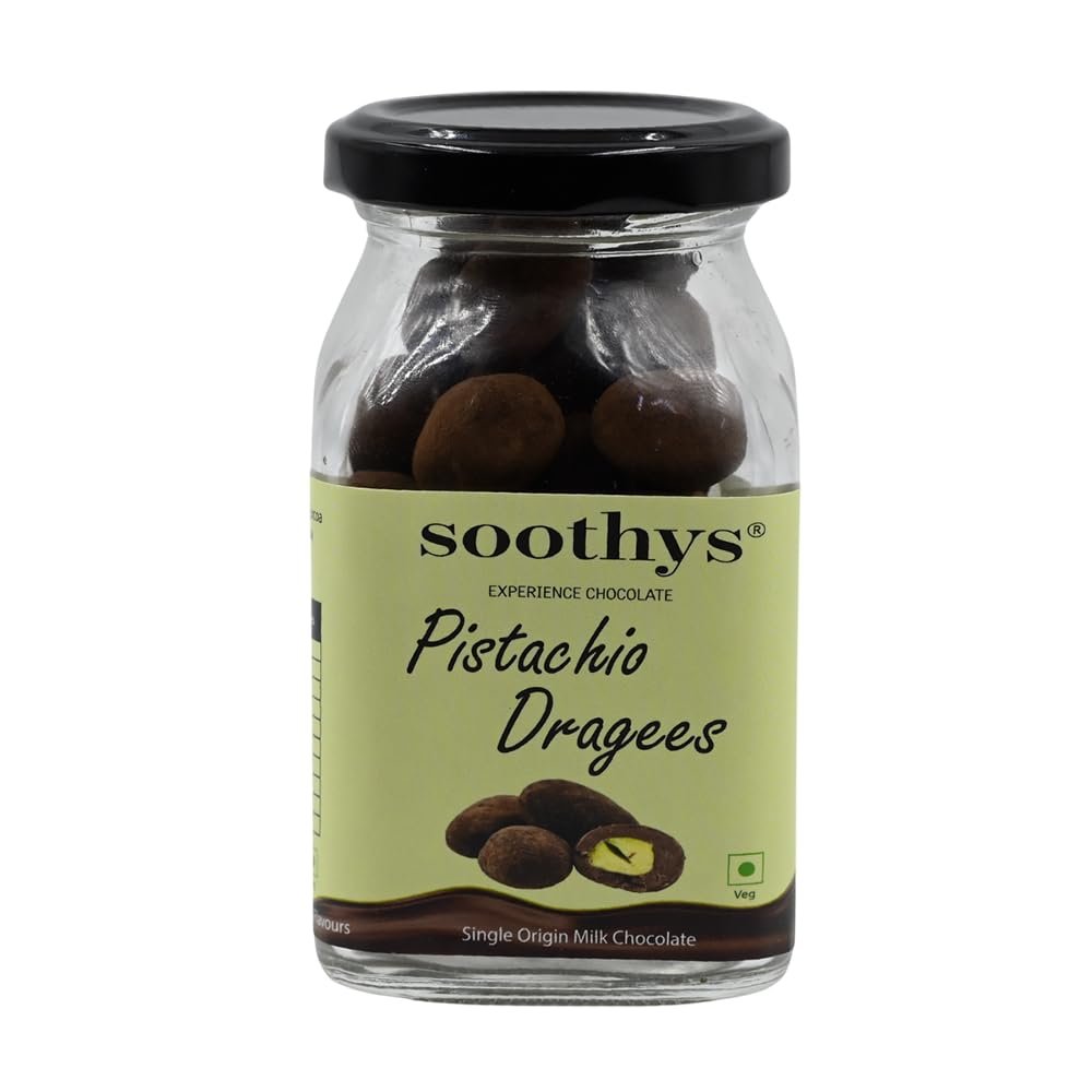 Soothys Pistachio Dragees Craft Chocolate | Gourmet Chocolate Coated Pistachios | No Refined Sugar, Vegetable Fat-Free, Handcrafted | Single-Origin Cocoa Beans (110g, Pack of 1)