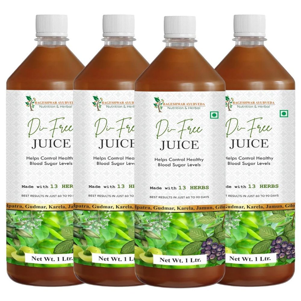 Bageshwar Ayurveda Di Free Juice 4 L | Blend of 13 herbs Methi, Amla, Karela, Jamun, Kutki, & 8 other herbs to manage sugar levels | Diabetic Juice (Pack of 4)