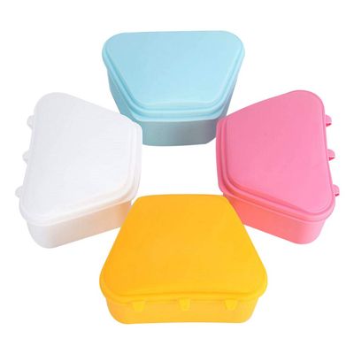 BAZPUR MART 4pcs Denture Cups Denture Bath Box FALSE Teeth Container Denture Brush Retainer Case for Denture Cleaning Store (Yellow+ Blue+ White+ Pink)