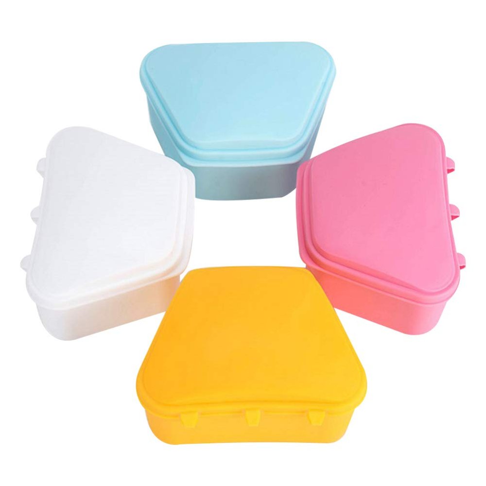 BAZPUR MART 4pcs Denture Cups Denture Bath Box FALSE Teeth Container Denture Brush Retainer Case for Denture Cleaning Store (Yellow+ Blue+ White+ Pink)