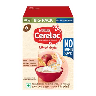 CERELAC Baby Food Cereal | No Refined Sugar | No Preservatives | Wheat Apple for 6 to 24 Months Baby | Omega 3 Iron Protein Calcium Vitamin D for Babies | Instant Cereal | 700g | Big Pack