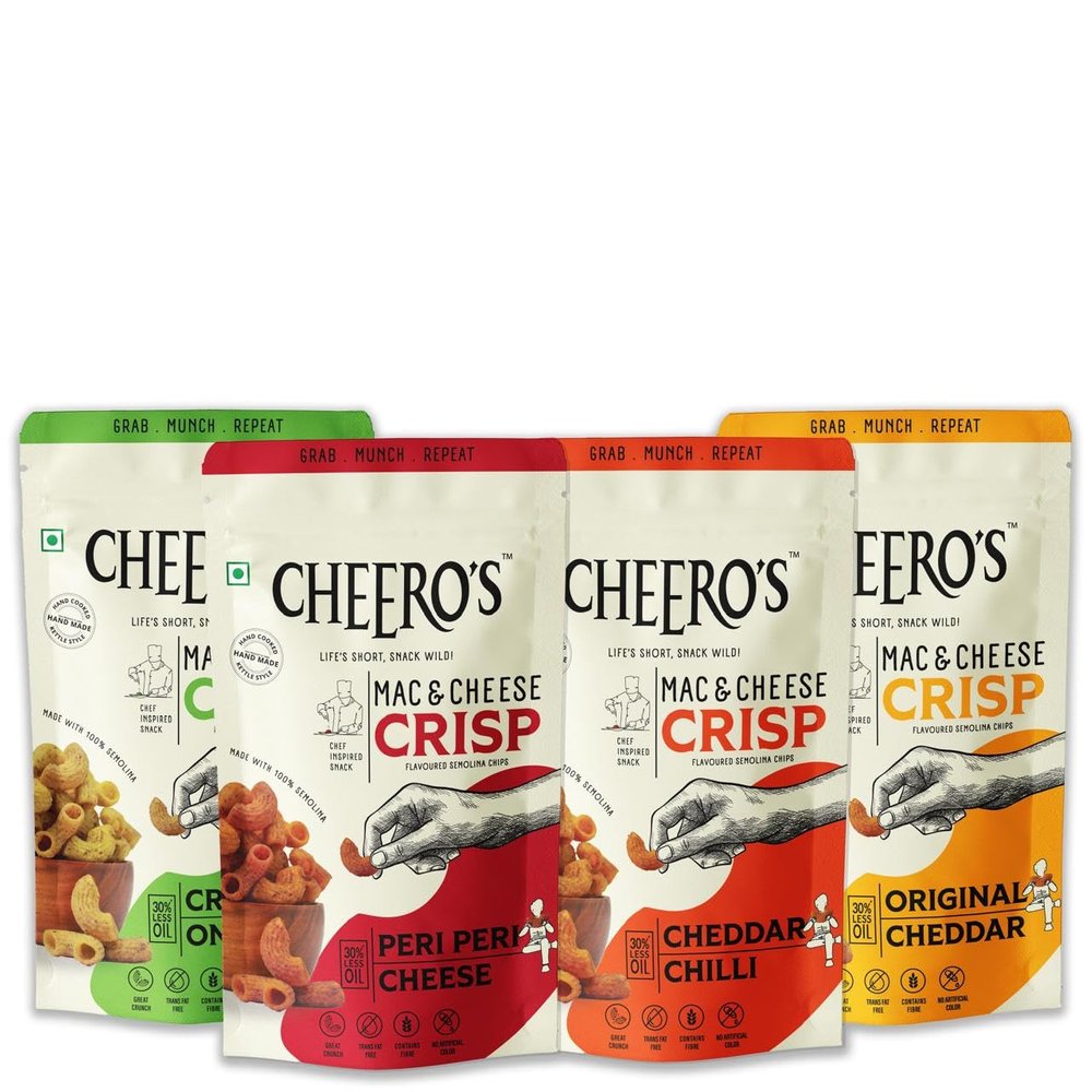 Cheero's Mac and Cheese Crisps | Cheddar Chilli, Cream and Onion, Original Cheddar, Peri Peri Cheese Chips Pack of 16 | 100% Semolina Munchies, High Protein Handmade Crunchy Snacks(4 Pc Each)