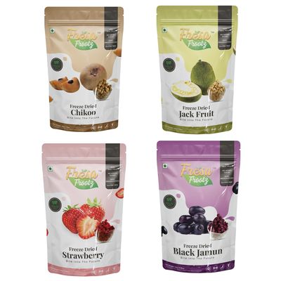 Fresa Frootz Freeze Dried Exotic Dip it Fruit Box Black jamun,Strawberry, Chikoo and Jack Fruit Combo, Sweet, and Nutritious Snack Light, Flavorful, and Healthy combo For Adults and kids (Pack of 4)