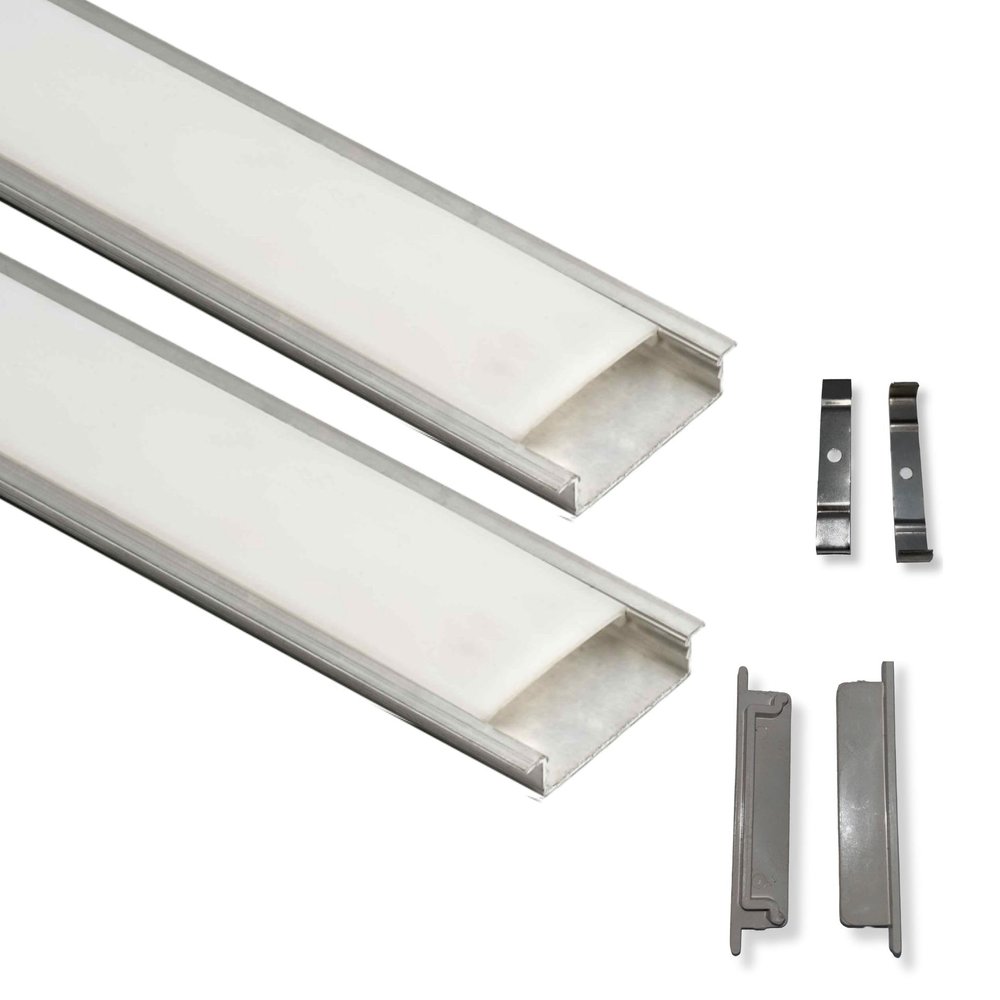 Abaj Lighting (50x12mm) LED Strip Light 1Meter Aluminium Rectangular Conciled Profile Light Channels with Diffused Cover, End Caps and Mounting Clips Without LED Straight Linear - Pack of 2